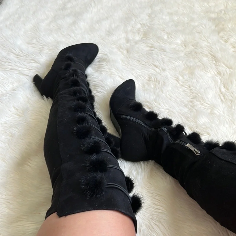 Stevey Faux Fur Pom Pom Knee High Boots